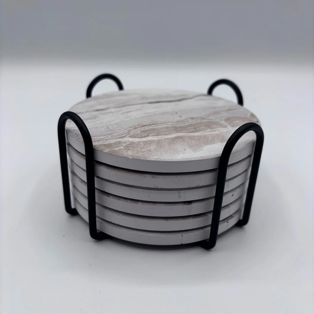 Marble Stone Coasters Set of 6 with Metal Holder — Absorbent Cork Back Drink